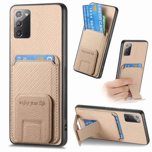 For Samsung Galaxy Note20 Carbon Fiber Card Bag Fold Stand Phone Case(Khaki) by buy2fix