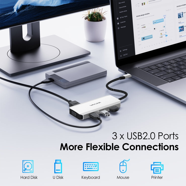 WAVLINK WL-UMD307 Type-C to 2DP + 4K HD + VGA + 3 x USB2.0 HUB Docking Station - USB HUB by WAVLINK | Online Shopping UK | buy2fix