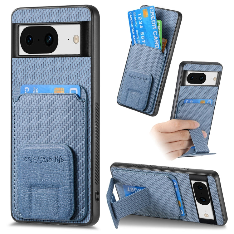 For Google Pixel 6a Carbon Fiber Card Bag Fold Stand Phone Case(Blue) - Google Cases by buy2fix | Online Shopping UK | buy2fix