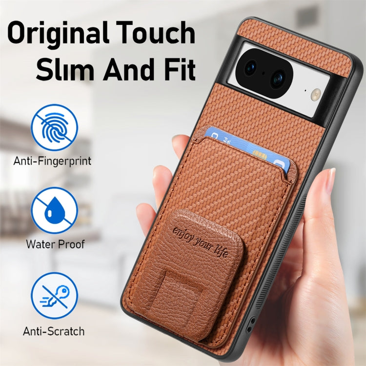 For Google Pixel 6a Carbon Fiber Card Bag Fold Stand Phone Case(Brown) - Google Cases by buy2fix | Online Shopping UK | buy2fix