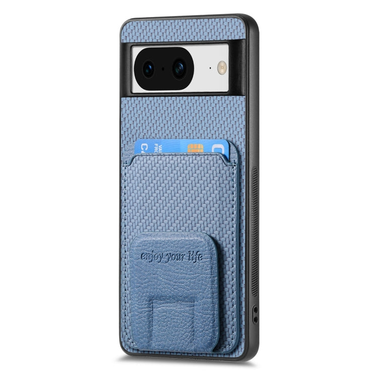 For Google Pixel 7 Carbon Fiber Card Bag Fold Stand Phone Case(Blue) - Google Cases by buy2fix | Online Shopping UK | buy2fix