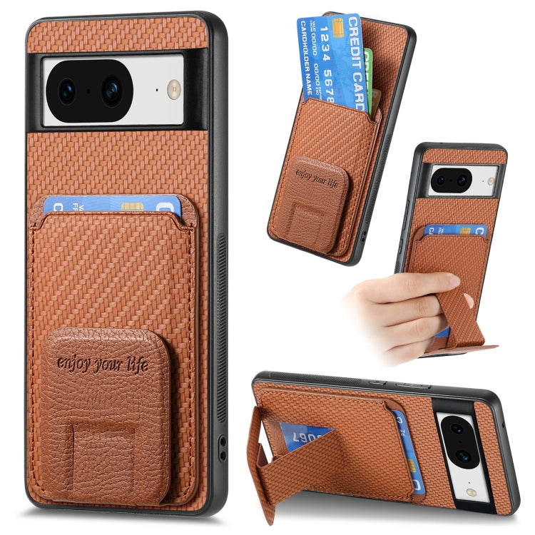 For Google Pixel 8 Carbon Fiber Card Bag Fold Stand Phone Case(Brown) - Google Cases by buy2fix | Online Shopping UK | buy2fix