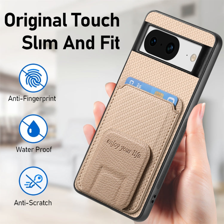 For Google Pixel 8 Pro Carbon Fiber Card Bag Fold Stand Phone Case(Khaki) by buy2fix