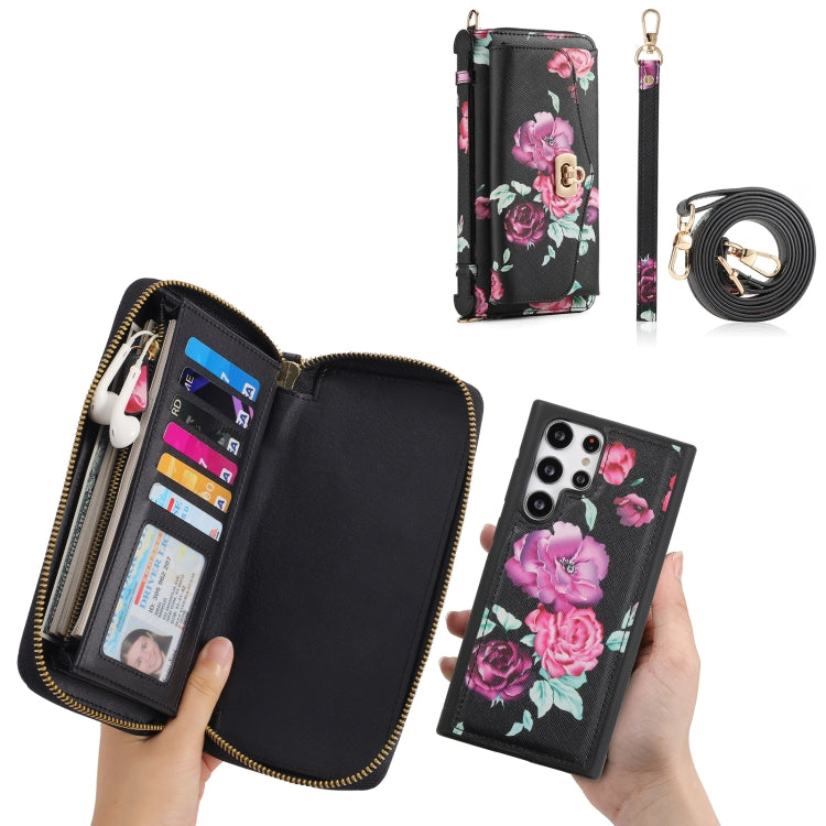 For Samsung Galaxy S22 5G Flower Multi-functional Crossbody Zipper Wallet Leather Phone Case(Black) - Galaxy S22 5G Cases by buy2fix | Online Shopping UK | buy2fix