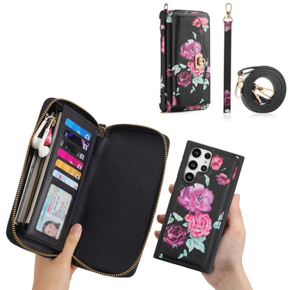 For Samsung Galaxy S22 5G Flower Multi-functional Crossbody Zipper Wallet Leather Phone Case(Black) - Galaxy S22 5G Cases by buy2fix | Online Shopping UK | buy2fix