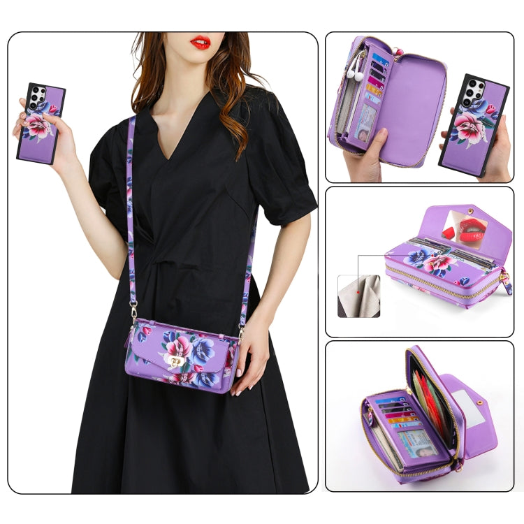 For Samsung Galaxy S22 5G Flower Multi-functional Crossbody Zipper Wallet Leather Phone Case(Purple) - Galaxy S22 5G Cases by buy2fix | Online Shopping UK | buy2fix