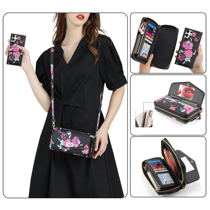 For Samsung Galaxy S22+ 5G Flower Multi-functional Crossbody Zipper Wallet Leather Phone Case(Black) - Galaxy S22+ 5G Cases by buy2fix | Online Shopping UK | buy2fix
