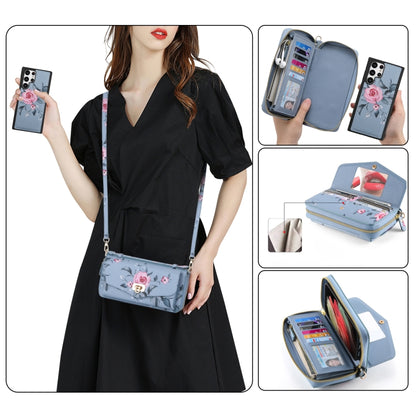 For Samsung Galaxy S22+ 5G Flower Multi-functional Crossbody Zipper Wallet Leather Phone Case(Blue) - Galaxy S22+ 5G Cases by buy2fix | Online Shopping UK | buy2fix