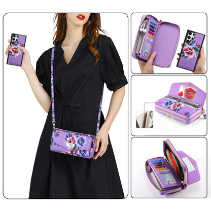 For Samsung Galaxy S22+ 5G Flower Multi-functional Crossbody Zipper Wallet Leather Phone Case(Purple) - Galaxy S22+ 5G Cases by buy2fix | Online Shopping UK | buy2fix