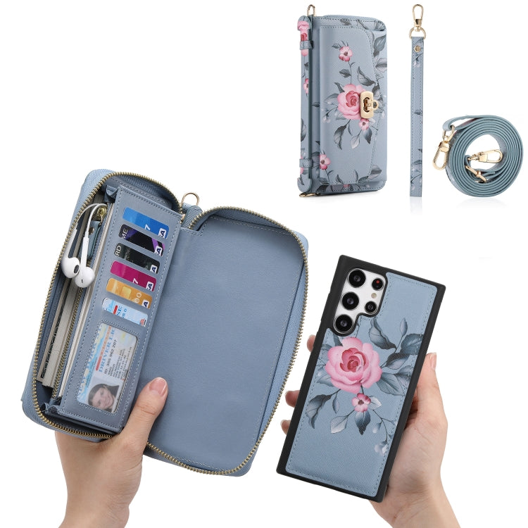 For Samsung Galaxy S22 Ultra 5G Flower Multi-functional Crossbody Zipper Wallet Leather Phone Case(Blue) - Galaxy S22 Ultra 5G Cases by buy2fix | Online Shopping UK | buy2fix