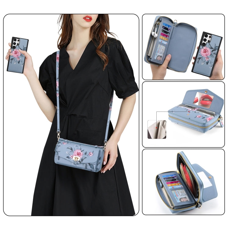 For Samsung Galaxy S22 Ultra 5G Flower Multi-functional Crossbody Zipper Wallet Leather Phone Case(Blue) - Galaxy S22 Ultra 5G Cases by buy2fix | Online Shopping UK | buy2fix