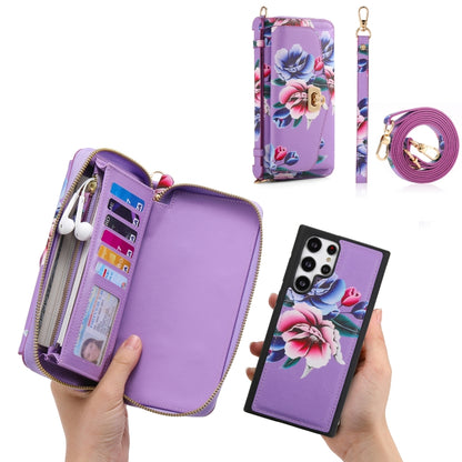 For Samsung Galaxy S22 Ultra 5G Flower Multi-functional Crossbody Zipper Wallet Leather Phone Case(Purple) - Galaxy S22 Ultra 5G Cases by buy2fix | Online Shopping UK | buy2fix