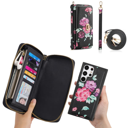 For Samsung Galaxy S23 5G Flower Multi-functional Crossbody Zipper Wallet Leather Phone Case(Black) - Galaxy S23 5G Cases by buy2fix | Online Shopping UK | buy2fix