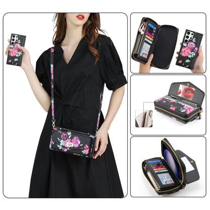 For Samsung Galaxy S23 5G Flower Multi-functional Crossbody Zipper Wallet Leather Phone Case(Black) - Galaxy S23 5G Cases by buy2fix | Online Shopping UK | buy2fix