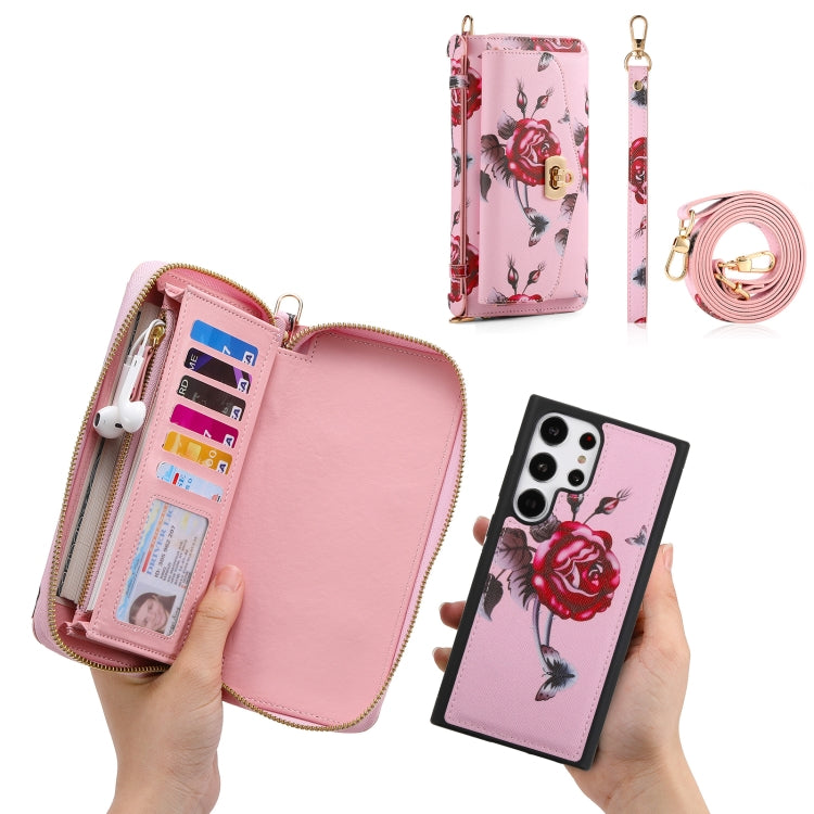 For Samsung Galaxy S23+ 5G Flower Multi-functional Crossbody Zipper Wallet Leather Phone Case(Pink) - Galaxy S23+ 5G Cases by buy2fix | Online Shopping UK | buy2fix