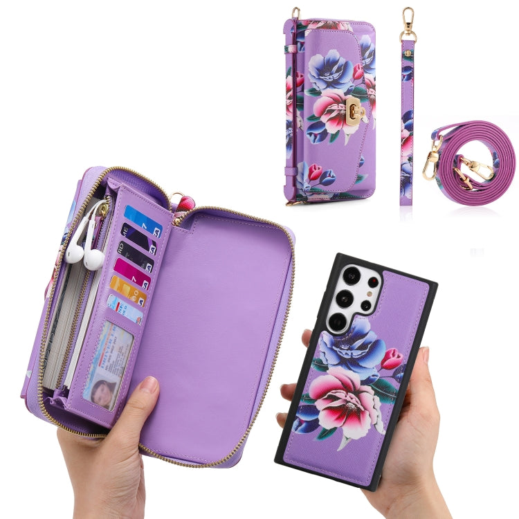 For Samsung Galaxy S23+ 5G Flower Multi-functional Crossbody Zipper Wallet Leather Phone Case(Purple) - Galaxy S23+ 5G Cases by buy2fix | Online Shopping UK | buy2fix