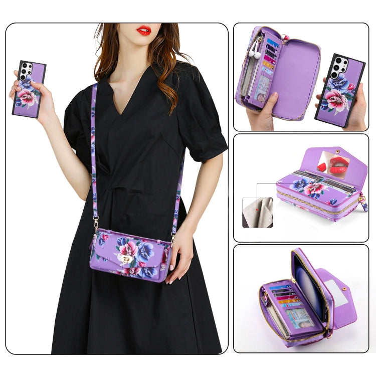 For Samsung Galaxy S23+ 5G Flower Multi-functional Crossbody Zipper Wallet Leather Phone Case(Purple) - Galaxy S23+ 5G Cases by buy2fix | Online Shopping UK | buy2fix