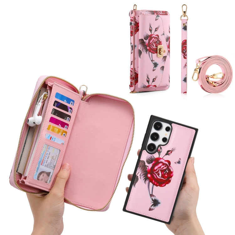 For Samsung Galaxy S24 5G Flower Multi-functional Crossbody Zipper Wallet Leather Phone Case(Pink) - Galaxy S24 5G Cases by buy2fix | Online Shopping UK | buy2fix
