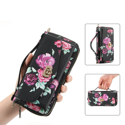 For Samsung Galaxy S24+ 5G Flower Multi-functional Crossbody Zipper Wallet Leather Phone Case(Black) - Galaxy S24+ 5G Cases by buy2fix | Online Shopping UK | buy2fix