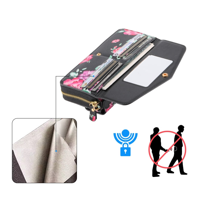 For Samsung Galaxy S24+ 5G Flower Multi-functional Crossbody Zipper Wallet Leather Phone Case(Black) - Galaxy S24+ 5G Cases by buy2fix | Online Shopping UK | buy2fix