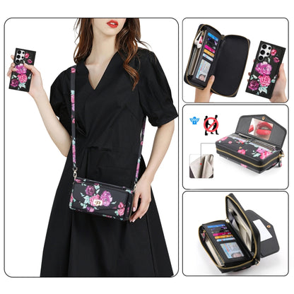 For Samsung Galaxy S24+ 5G Flower Multi-functional Crossbody Zipper Wallet Leather Phone Case(Black) - Galaxy S24+ 5G Cases by buy2fix | Online Shopping UK | buy2fix