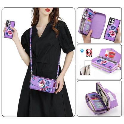 For Samsung Galaxy S24+ 5G Flower Multi-functional Crossbody Zipper Wallet Leather Phone Case(Purple) - Galaxy S24+ 5G Cases by buy2fix | Online Shopping UK | buy2fix