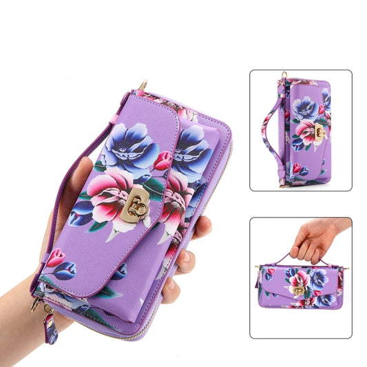 For Samsung Galaxy S24 Ultra 5G Flower Multi-functional Crossbody Zipper Wallet Leather Phone Case(Purple) - Galaxy S24 Ultra 5G Cases by buy2fix | Online Shopping UK | buy2fix