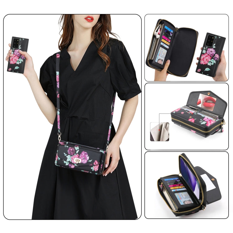 For Samsung Galaxy Note20 Flower Multi-functional Crossbody Zipper Wallet Leather Phone Case(Black) - Galaxy Note20 Cases by buy2fix | Online Shopping UK | buy2fix