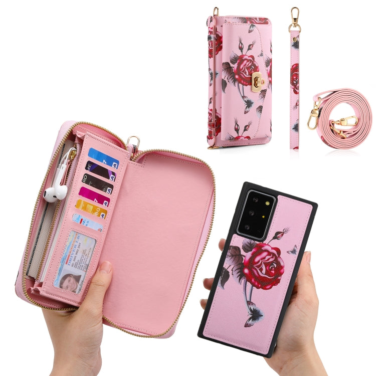 For Samsung Galaxy Note20 Flower Multi-functional Crossbody Zipper Wallet Leather Phone Case(Pink) - Galaxy Note20 Cases by buy2fix | Online Shopping UK | buy2fix