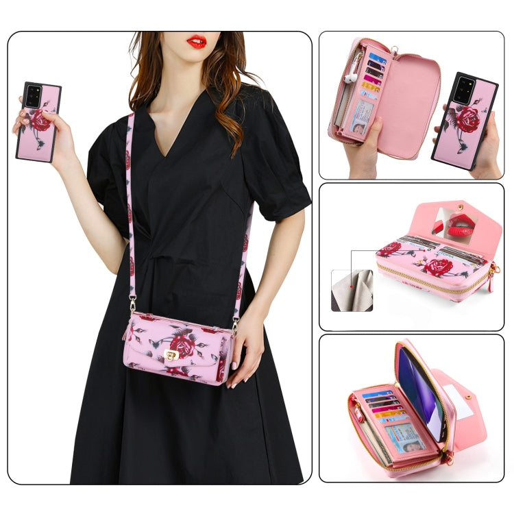 For Samsung Galaxy Note20 Flower Multi-functional Crossbody Zipper Wallet Leather Phone Case(Pink) - Galaxy Note20 Cases by buy2fix | Online Shopping UK | buy2fix