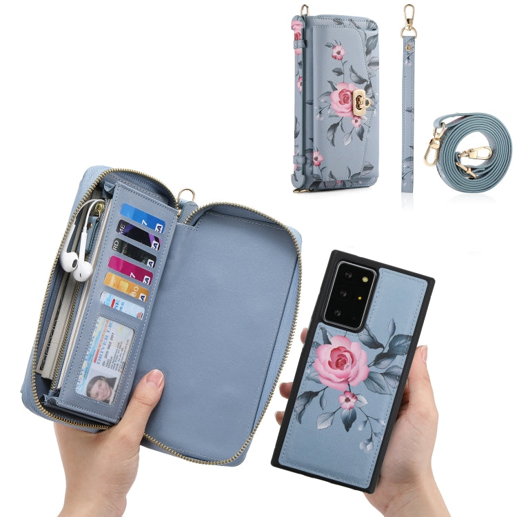 For Samsung Galaxy Note20 Flower Multi-functional Crossbody Zipper Wallet Leather Phone Case(Blue) - Galaxy Note20 Cases by buy2fix | Online Shopping UK | buy2fix