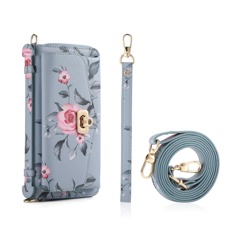 For Samsung Galaxy Note20 Flower Multi-functional Crossbody Zipper Wallet Leather Phone Case(Blue) - Galaxy Note20 Cases by buy2fix | Online Shopping UK | buy2fix