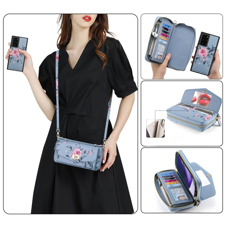 For Samsung Galaxy Note20 Flower Multi-functional Crossbody Zipper Wallet Leather Phone Case(Blue) - Galaxy Note20 Cases by buy2fix | Online Shopping UK | buy2fix