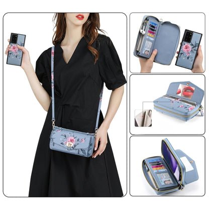 For Samsung Galaxy Note20 Flower Multi-functional Crossbody Zipper Wallet Leather Phone Case(Blue) - Galaxy Note20 Cases by buy2fix | Online Shopping UK | buy2fix