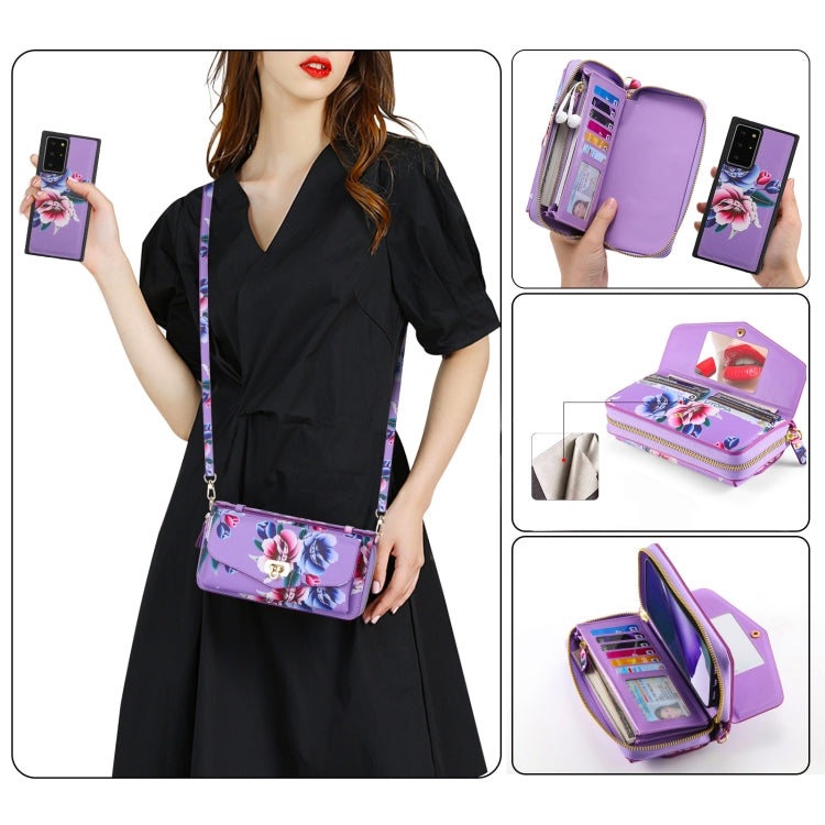 For Samsung Galaxy Note20 Flower Multi-functional Crossbody Zipper Wallet Leather Phone Case(Purple) - Galaxy Note20 Cases by buy2fix | Online Shopping UK | buy2fix