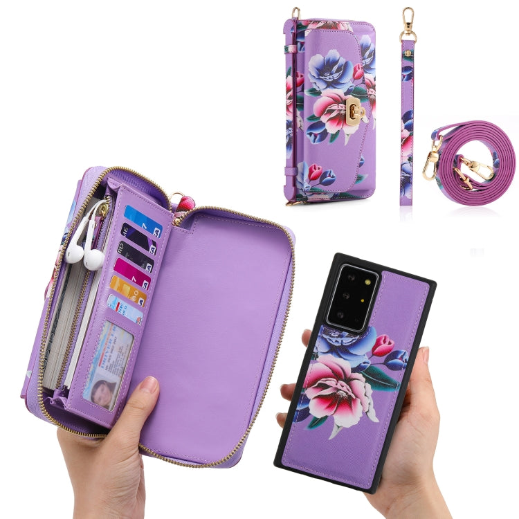For Samsung Galaxy Note20 Ultra Flower Multi-functional Crossbody Zipper Wallet Leather Phone Case(Purple) - Galaxy Note20 Ultra Cases by buy2fix | Online Shopping UK | buy2fix