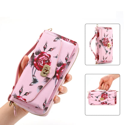 For iPhone 15 Pro Flower Multi-functional Crossbody Zipper Wallet MagSafe Leather Phone Case(Pink) - iPhone 15 Pro Cases by buy2fix | Online Shopping UK | buy2fix