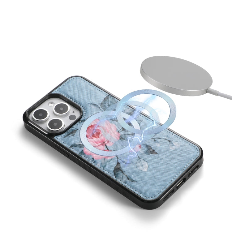 For iPhone 15 Pro Flower Multi-functional Crossbody Zipper Wallet MagSafe Leather Phone Case(Blue) - iPhone 15 Pro Cases by buy2fix | Online Shopping UK | buy2fix