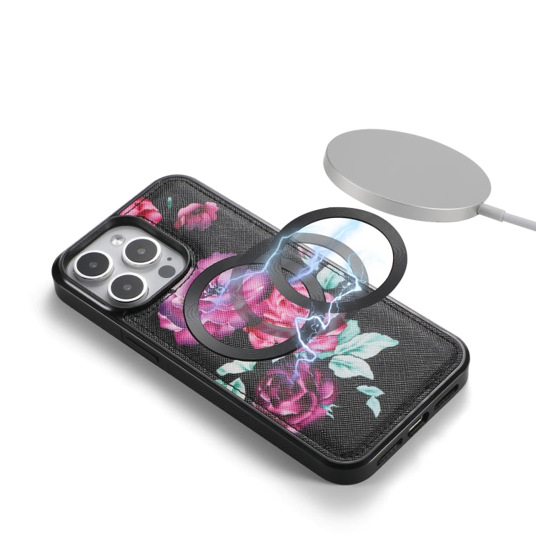 For iPhone 15 Plus Flower Multi-functional Crossbody Zipper Wallet MagSafe Leather Phone Case(Black) - iPhone 15 Plus Cases by buy2fix | Online Shopping UK | buy2fix