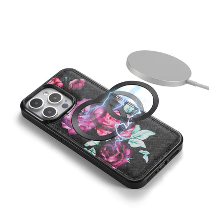 For iPhone 15 Plus Flower Multi-functional Crossbody Zipper Wallet MagSafe Leather Phone Case(Black) - iPhone 15 Plus Cases by buy2fix | Online Shopping UK | buy2fix