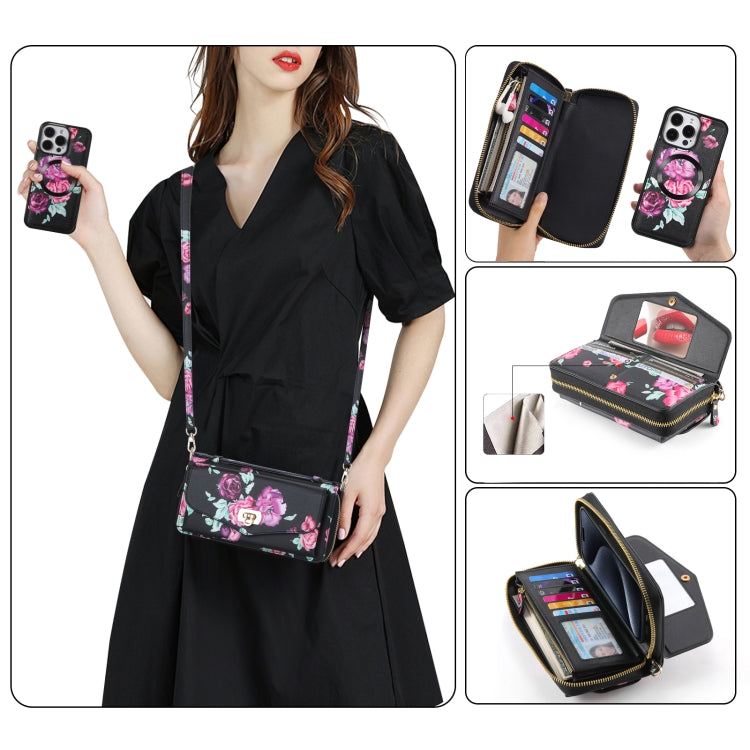 For iPhone 15 Plus Flower Multi-functional Crossbody Zipper Wallet MagSafe Leather Phone Case(Black) - iPhone 15 Plus Cases by buy2fix | Online Shopping UK | buy2fix