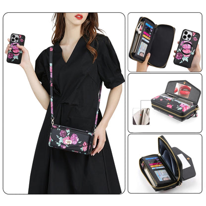 For iPhone 15 Plus Flower Multi-functional Crossbody Zipper Wallet MagSafe Leather Phone Case(Black) - iPhone 15 Plus Cases by buy2fix | Online Shopping UK | buy2fix