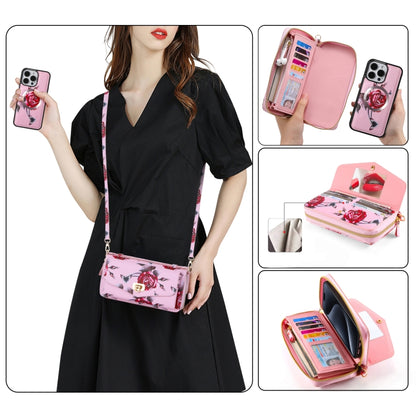 For iPhone 15 Plus Flower Multi-functional Crossbody Zipper Wallet MagSafe Leather Phone Case(Pink) - iPhone 15 Plus Cases by buy2fix | Online Shopping UK | buy2fix