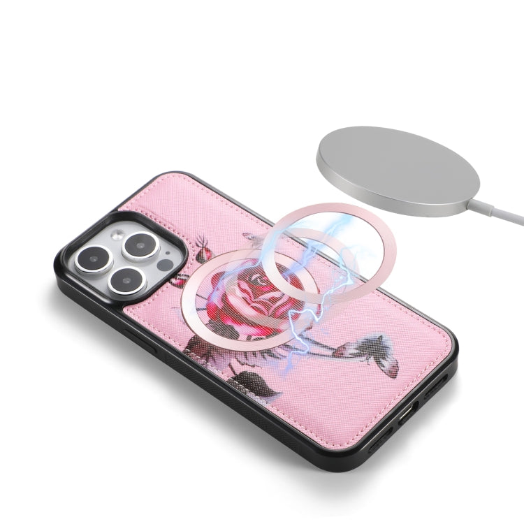 For iPhone 15 Flower Multi-functional Crossbody Zipper Wallet MagSafe Leather Phone Case(Pink) - iPhone 15 Cases by buy2fix | Online Shopping UK | buy2fix