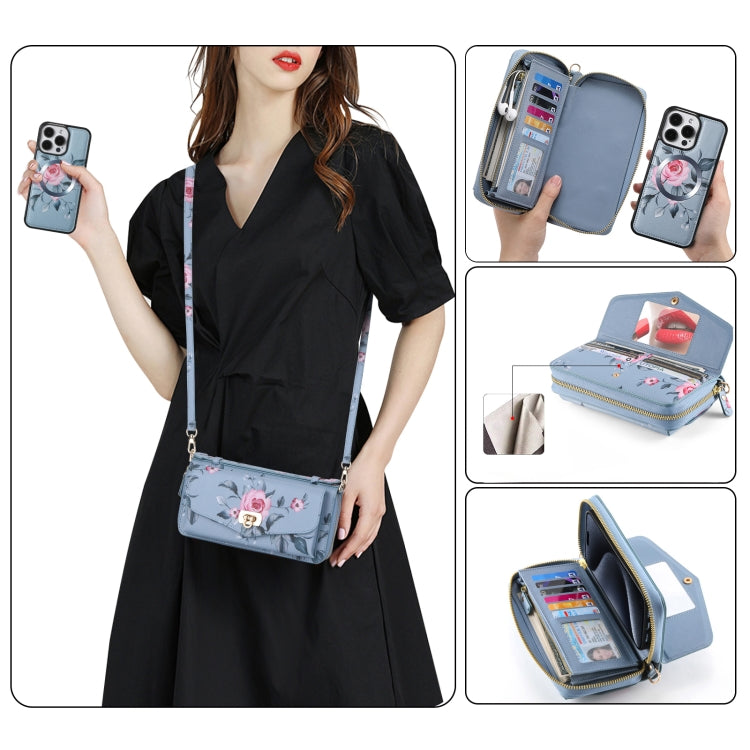 For iPhone 15 MagSafe Flower Multi-functional Crossbody Zipper Wallet Leather Phone Case(Blue) - iPhone 15 Cases by buy2fix | Online Shopping UK | buy2fix