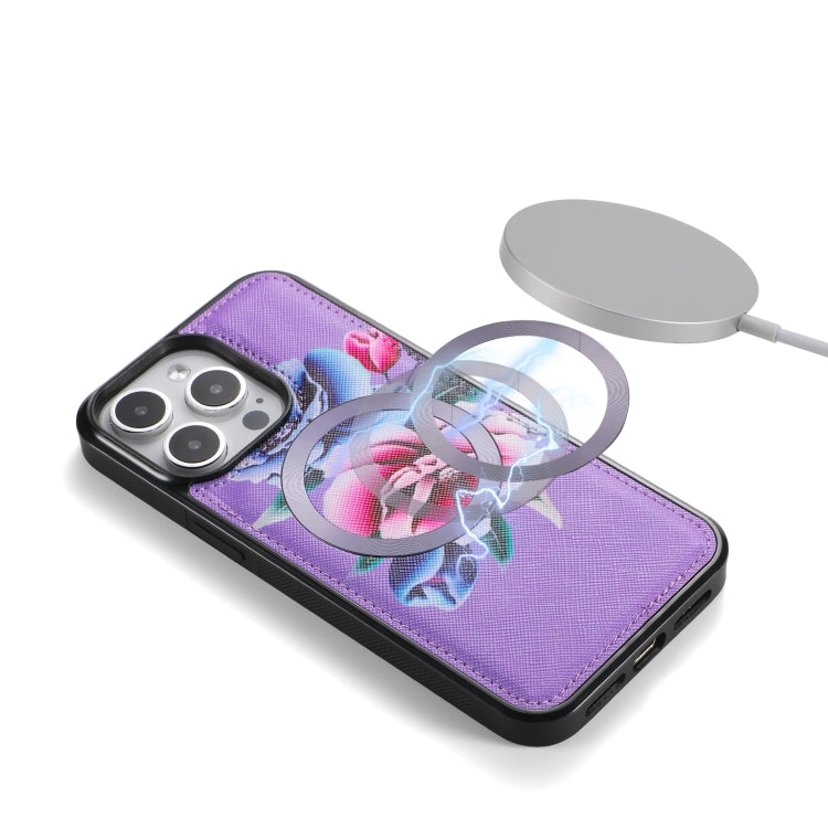 For iPhone 15 Flower Multi-functional Crossbody Zipper Wallet MagSafe Leather Phone Case(Purple) - iPhone 15 Cases by buy2fix | Online Shopping UK | buy2fix