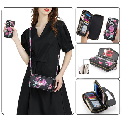 For iPhone 14 Flower Multi-functional Crossbody Zipper Wallet MagSafe Leather Phone Case(Black) - iPhone 14 Cases by buy2fix | Online Shopping UK | buy2fix