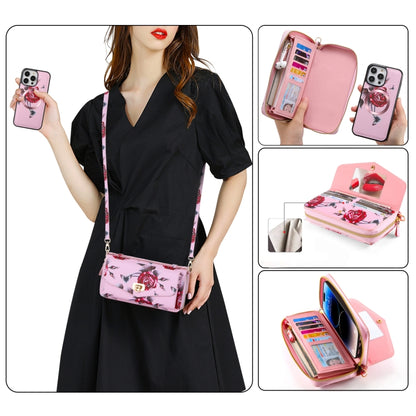 For iPhone 14 Pro Flower Multi-functional Crossbody Zipper Wallet MagSafe Leather Phone Case(Pink) - iPhone 14 Pro Cases by buy2fix | Online Shopping UK | buy2fix