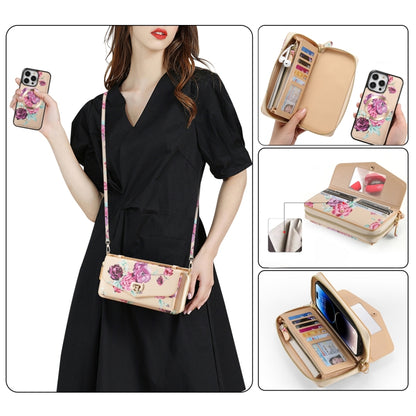 For iPhone 14 Pro Flower Multi-functional Crossbody Zipper Wallet MagSafe Leather Phone Case(Yellow) - iPhone 14 Pro Cases by buy2fix | Online Shopping UK | buy2fix
