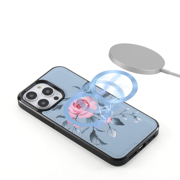 For iPhone 14 Pro Max Flower Multi-functional Crossbody Zipper Wallet MagSafe Leather Phone Case(Blue) - iPhone 14 Pro Max Cases by buy2fix | Online Shopping UK | buy2fix